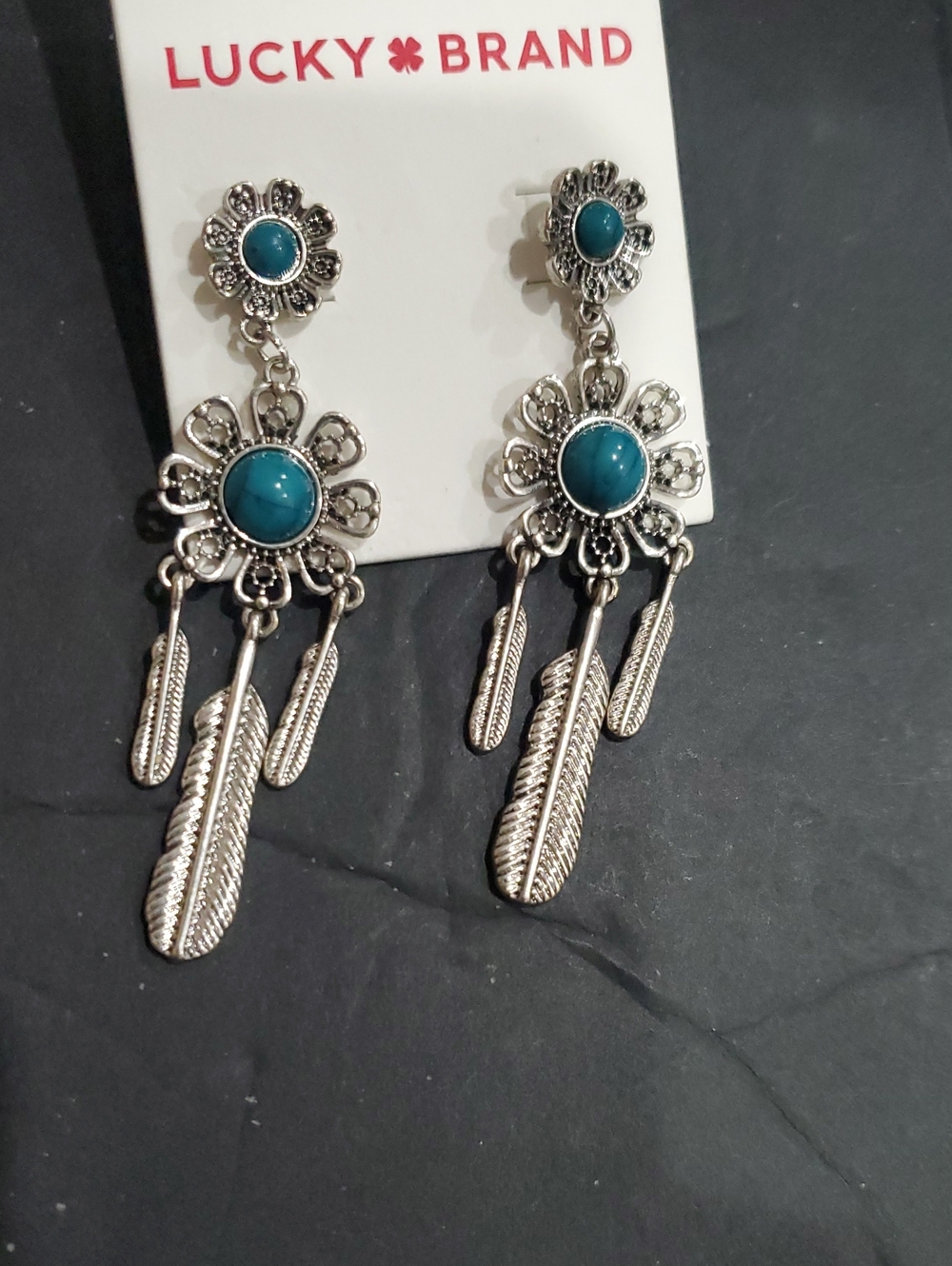 Lucky Brand silver-tone boho turquiouse center sunflower feather dangle earrings
